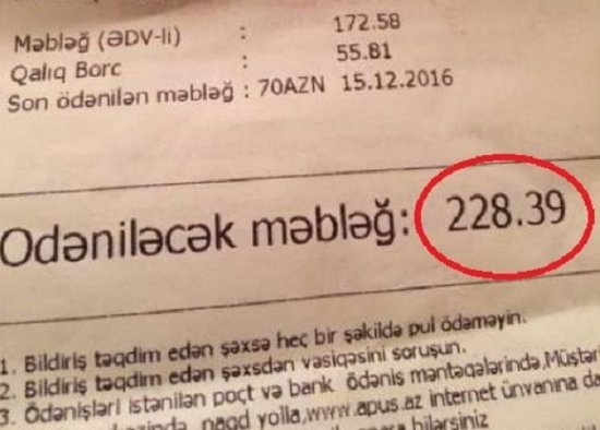 Bakıda sakinləri şok-a salan qəbz: 220 manatlıq kommunal haqqı