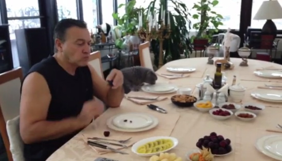 Araz Ağalarov pişiyi ilə səhər yeməyi yedi (VİDEO)