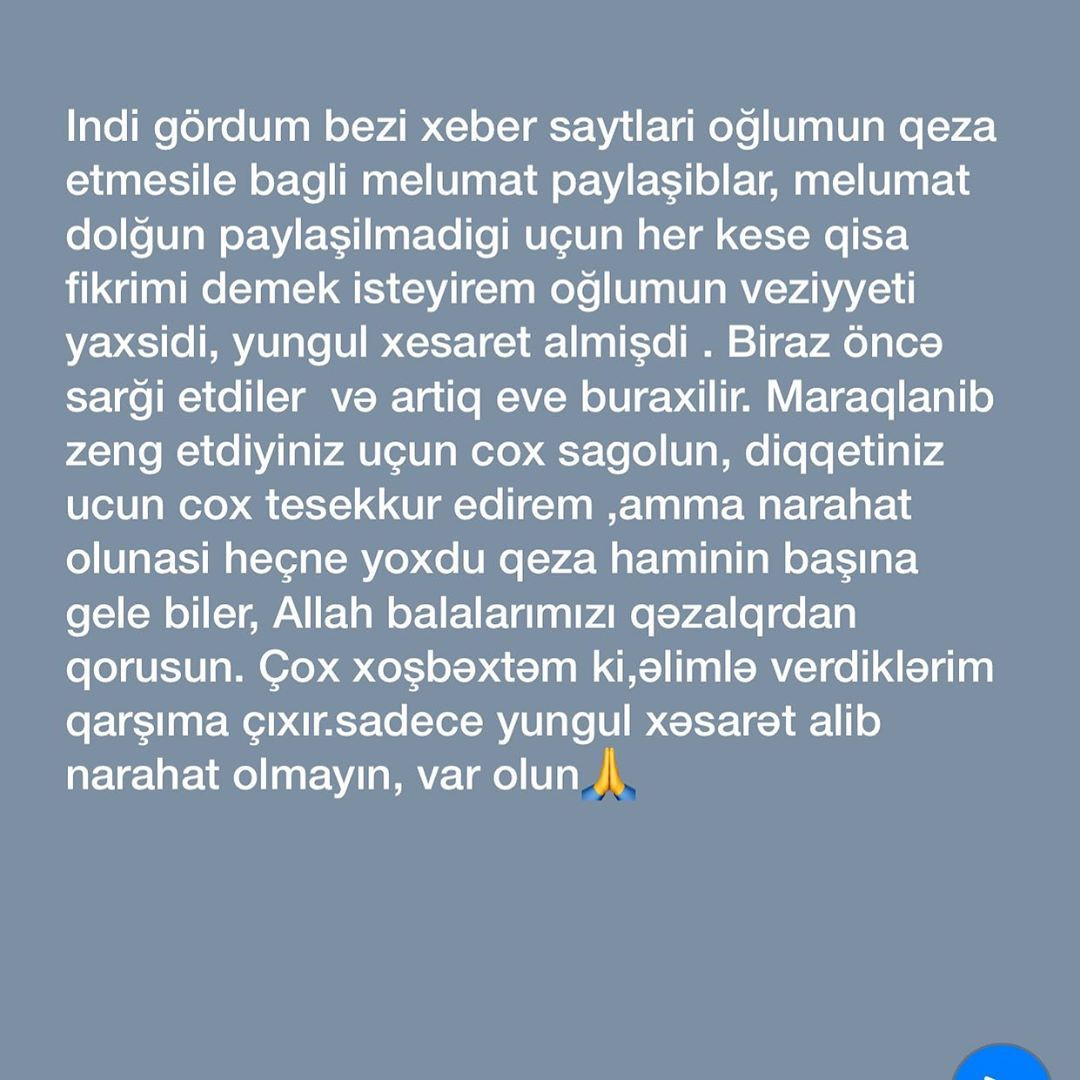 Nazilə Səfərlinin oğlu avtomobil qəzasına düşüb?