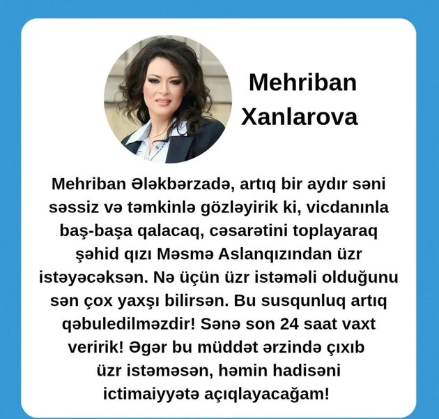 Sənə son 24 saat vaxt veririk! Üzr istə!' - Əməkdar artist