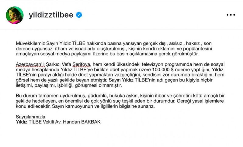 Yıldız Tilbe Vəfanı məhkəməyə verir